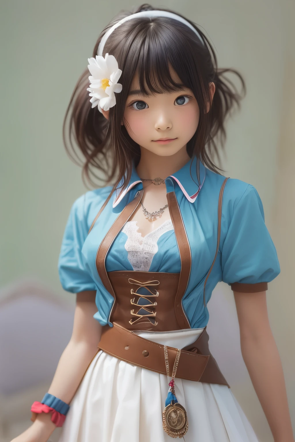 ((sfw: 1.4)), (sfw,She is wearing a long white embroidered skirt, a red blouse with lace, a white apron tied around her waist, blue socks, and brown leather shoes.A blue scarf is on her head. Yes, her accessories include necklaces, earrings, and bracelets. short-hair, 1 Girl)), Ultra High Resolution, (Realistic: 1.4), RAW Photo, Best Quality, (Photorealistic Stick), Focus, Soft Light, ((15 years old)),  ((Japanese)), (( (young face))), (surface), (depth of field), masterpiece, (realistic), woman, bangs, ((1 girl))