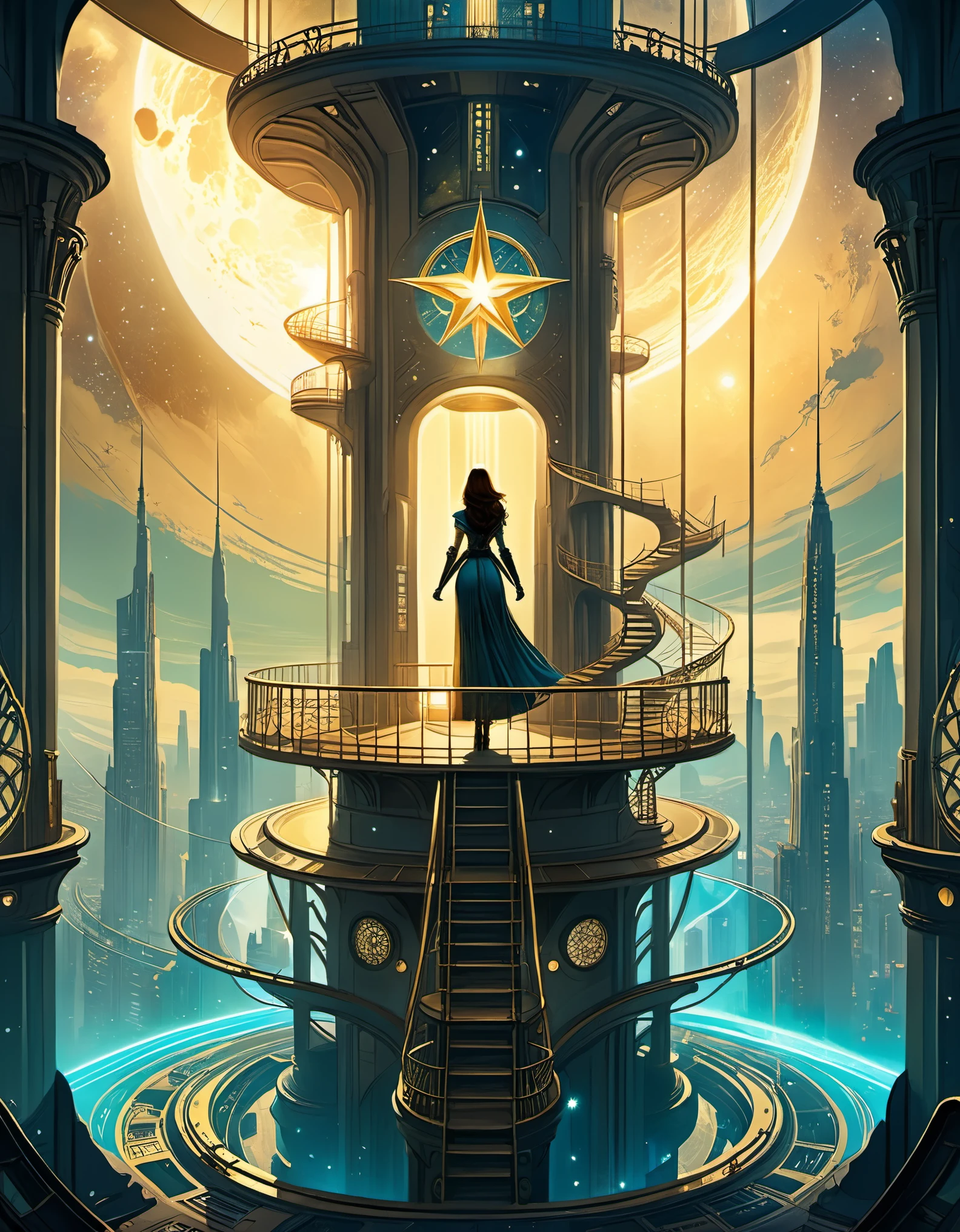 in style of Dan Seagrave, beautiful details，in style of Caia Koopman, beautiful details，Star Observation Tower，Heroine，Ancient，Retro，