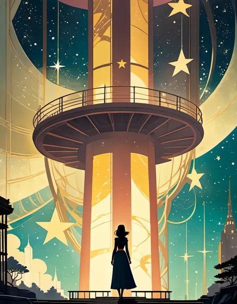 in style of keith negley,  beautiful details，star observation tower，heroine，ancient，retro，cartoon photography combined