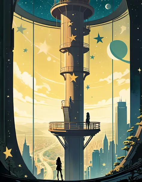 in style of Keith Negley,  beautiful details，Star Observation Tower，Heroine，Ancient，Retro，Cartoon photography combined