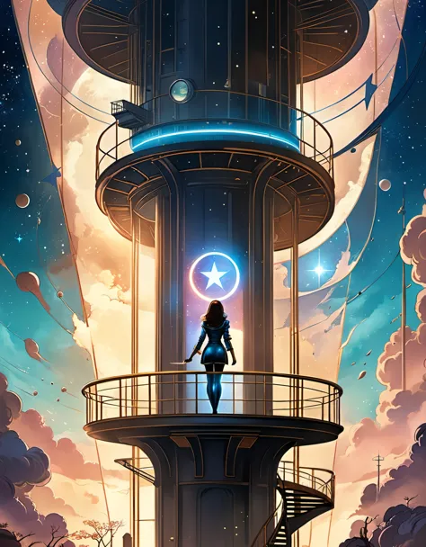 in style of Dan Seagrave, beautiful details，in style of Caia Koopman, beautiful details，Star Observation Tower，Heroine，Ancient，R...