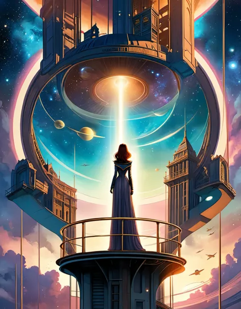in style of Dan Seagrave, beautiful details，in style of Caia Koopman, beautiful details，Star Observation Tower，Heroine，Ancient，R...