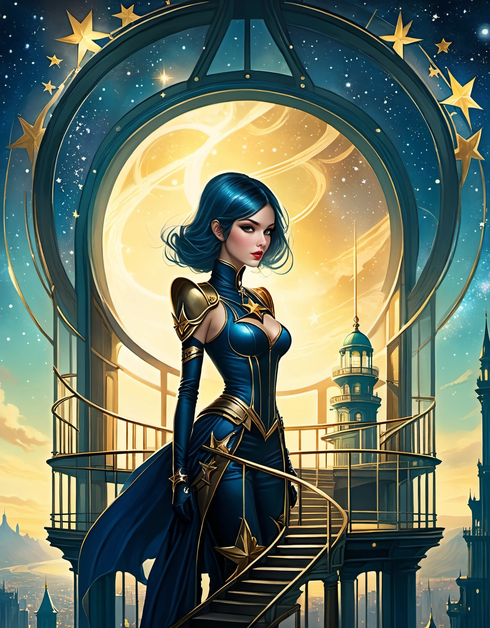 in style of Caia Koopman, beautiful details，Star Observation Tower，Heroine，Ancient，Retro，