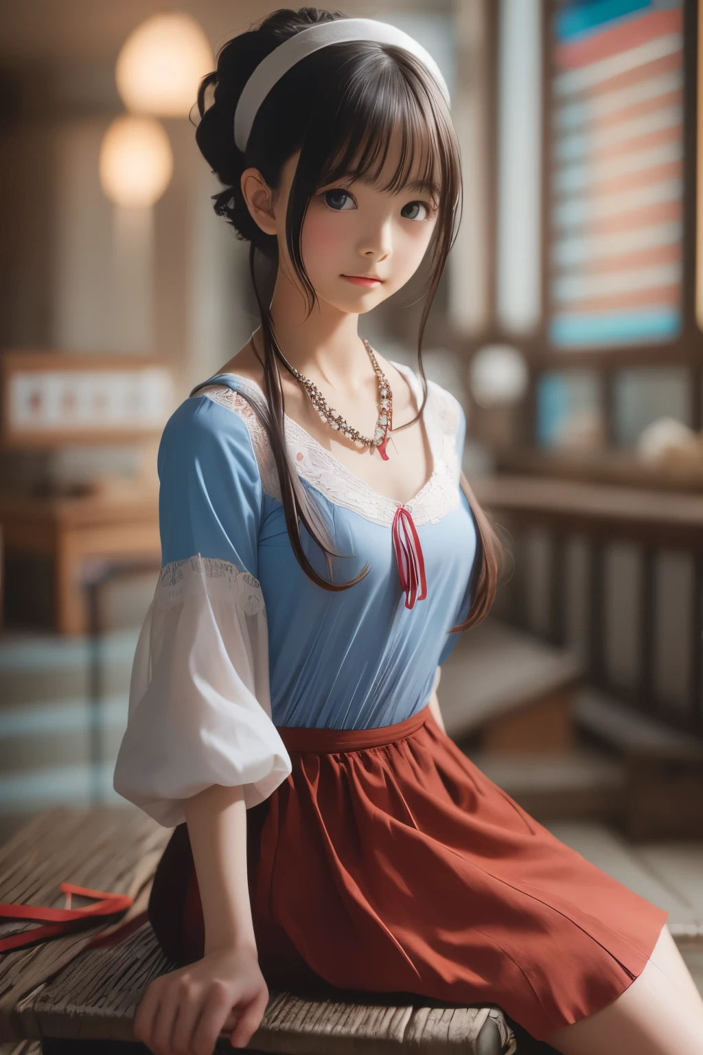 ((sfw: 1.4)), (sfw,She is wearing a long white embroidered skirt, a red blouse with lace, a white apron tied around her waist, blue socks, and brown leather shoes.A blue scarf is on her head. Yes, her accessories include necklaces, earrings, and bracelets. ponytail-hair, 1 Girl)), Ultra High Resolution, (Realistic: 1.4), RAW Photo, Best Quality, (Photorealistic Stick), Focus, Soft Light, ((15 years old)), ((Japanese)), (( (young face))), (surface), (depth of field), masterpiece, (realistic), woman, bangs, ((1 girl))