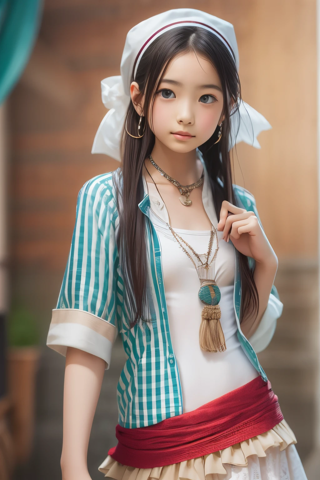 ((sfw: 1.4)), (sfw,She is wearing a long white embroidered skirt, a red blouse with lace, a white apron tied around her waist, blue socks, and brown leather shoes.A blue scarf is on her head. Yes, her accessories include necklaces, earrings, and bracelets. ponytail-hair, 1 Girl)), Ultra High Resolution, (Realistic: 1.4), RAW Photo, Best Quality, (Photorealistic Stick), Focus, Soft Light, ((15 years old)), ((Japanese)), (( (young face))), (surface), (depth of field), masterpiece, (realistic), woman, bangs, ((1 girl))