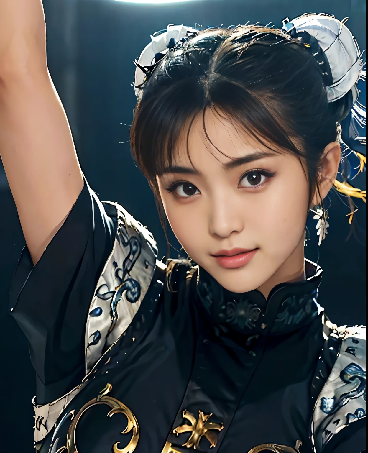 (highest quality:1.2),(perfect beautiful face:1.2),(perfect and beautiful posture:1.2),(japanese woman:1.1), twin tail hair,dancing in the arena, smile, (Chunky muscular body:1.2),Ultra-high precision photos,clear eyes,  (ChunLi,:1.3)