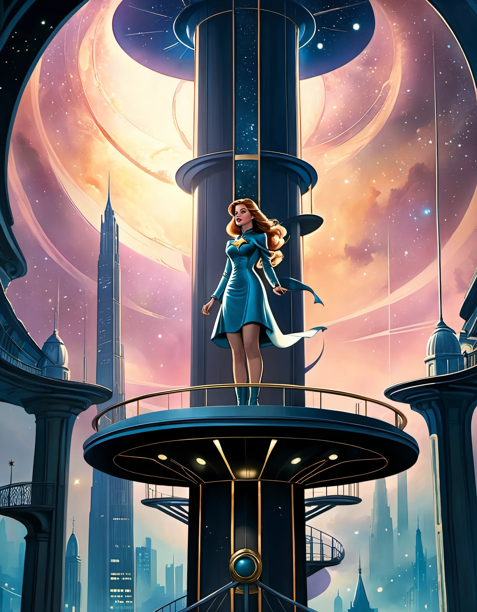 in style of Dan Seagrave, beautiful details，in style of Caia Koopman, beautiful details，Star Observation Tower，Heroine，Ancient，Retro，Cartoon photography combined