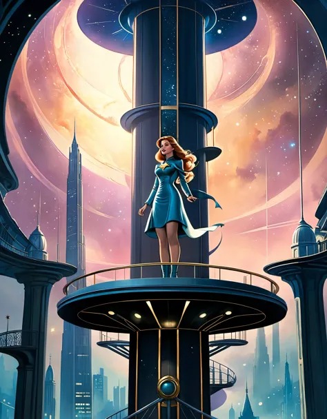 in style of Dan Seagrave, beautiful details，in style of Caia Koopman, beautiful details，Star Observation Tower，Heroine，Ancient，R...