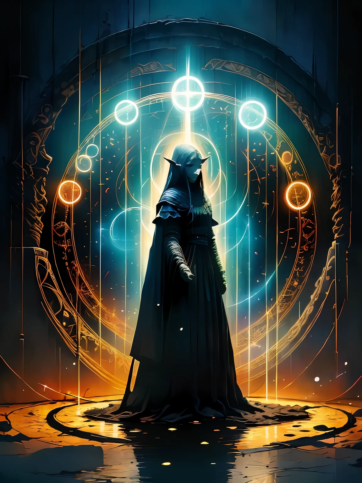 realistic photo, masterpieces, dark elf, mage, creates magic circles which are portals to another dark world, mysterious magic, glowing bright circles, sparkles, lighting, electricity, magic portals, neons color, RAW photo, film grain, 8k, depth of field