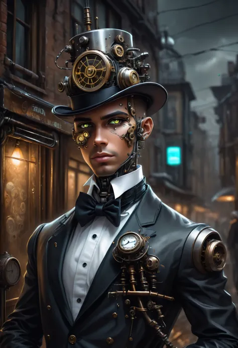 Robot-Butler with mechanical engineering profile, gravata steampunk, detalhe sombra suave, boredom atmosphere mechanical face, o...