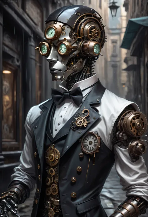 Robot-Butler with mechanical engineering profile, gravata steampunk, detalhe sombra suave, boredom atmosphere mechanical face, o...