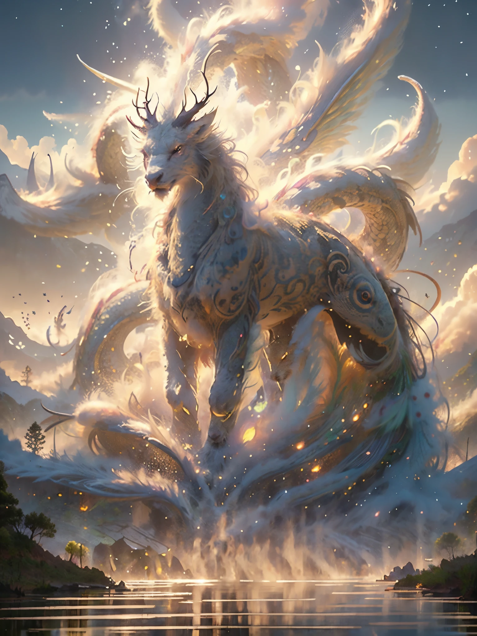 Prompt: Legendary Qilin from Shan Hai Jing, Mythical Creature, Divine Beast, Ancient Oriental Symbol of Prosperity and Good Fortune, Four legs with hooves, scales like dragon, fur like a deer, Mane flowing like flames, iridescent body colors shifting under moonlight, Radiant mane with golden and scarlet hues, A single spiral horn emitting an aura of celestial light, Eyes shining like sapphires, filled with wisdom and serenity, Tail ending with a tuft of feathers akin to a peacock's, Set against a misty, mountainous landscape at dawn, With ancient calligraphy floating around symbolizing its divine status, Rendered in hyper-detailed ultra-high-definition (UHD), Masterpiece quality, cinematic lighting, 8K resolution.