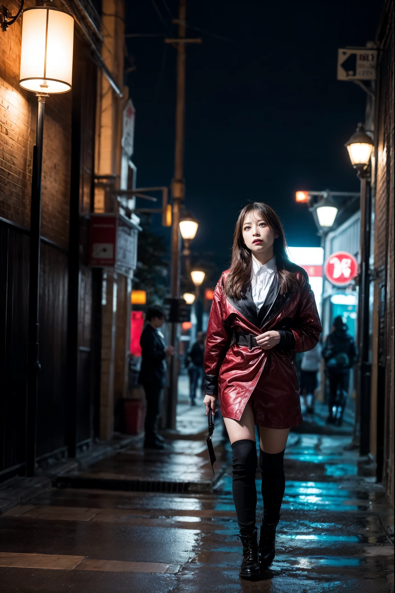 1 Japanese girl, A girl who is about to assassinate an important person, warframe, complex pattern, heavy metal, energy line, faceless, shining eyes, elegant, intense, blood red and black uniform, alone, modern, city, street, Dark clouds, thunderstorm, heavy rain,, dramatic lighting,, (masterpiece:1.2), highest quality, High resolution,   beautiful, very detailed, perfect lighting, kill、Infiltration、assassination、full body shot:1.14,