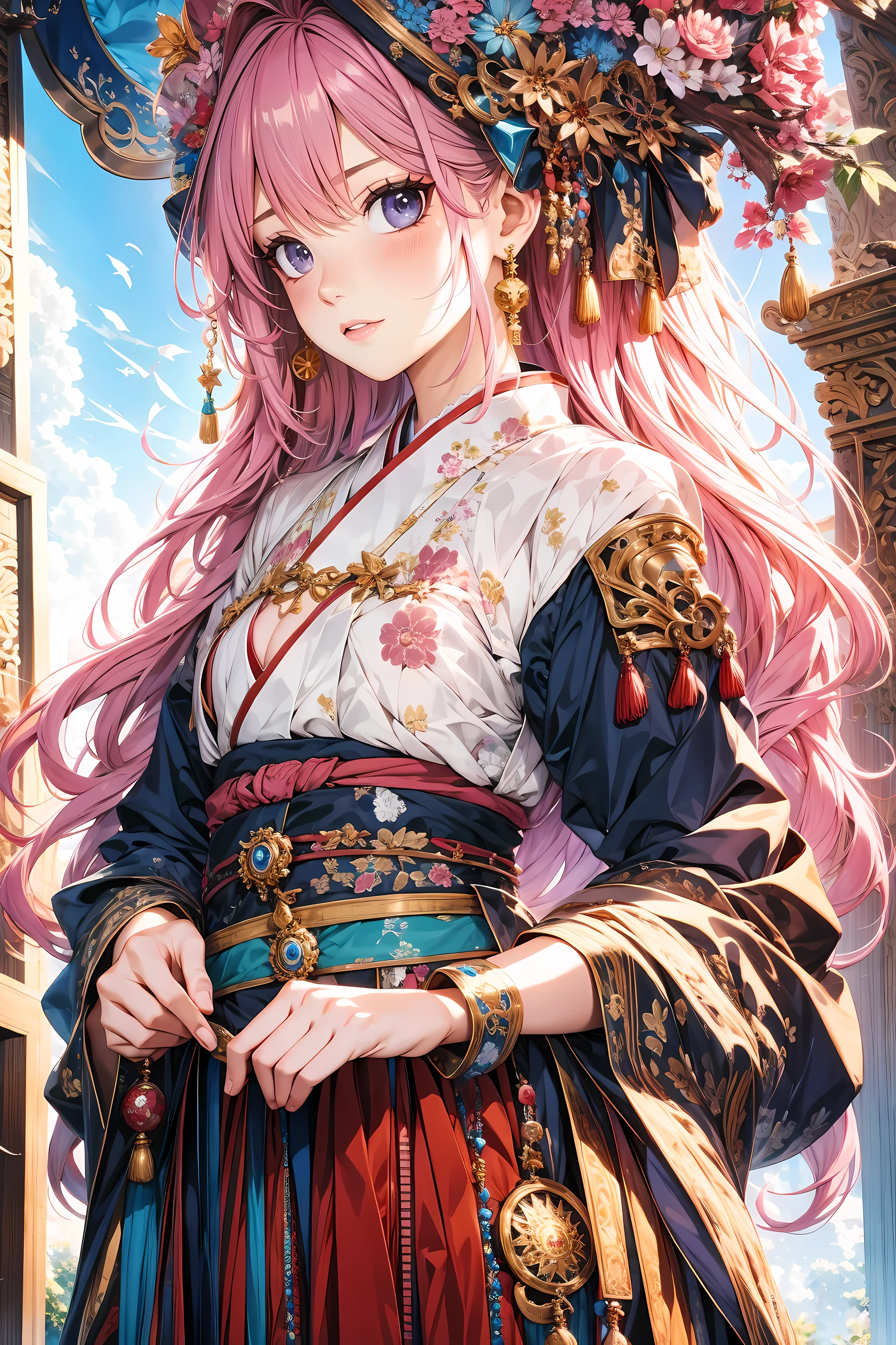 (finely detailed beautiful eyes and detailed face,masterpiece sidelighting,masterpiece,best quality,detailed,High resolution illustration),, (1 girl,whole body,beautiful girl,skin shiny,look down,looking at the audience),, (pink hair,blue eyes,ribbon,Hanbok, korean clothes), (clothed_underboobs围:1.2),underboobs,