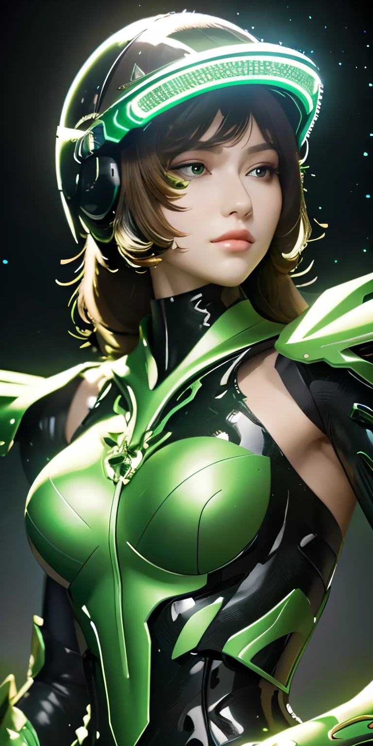 best image quality, excellent details, ultra high resolution, (realism: 1.4), best illustrations, Favor details, condensed 1girl, With a delicate and beautiful face, Dressed in a black and green mecha, wearing a mechanical helmet, with directional controller, riding a motorcycle, The background is a high-tech lighting scene of a futuristic city.