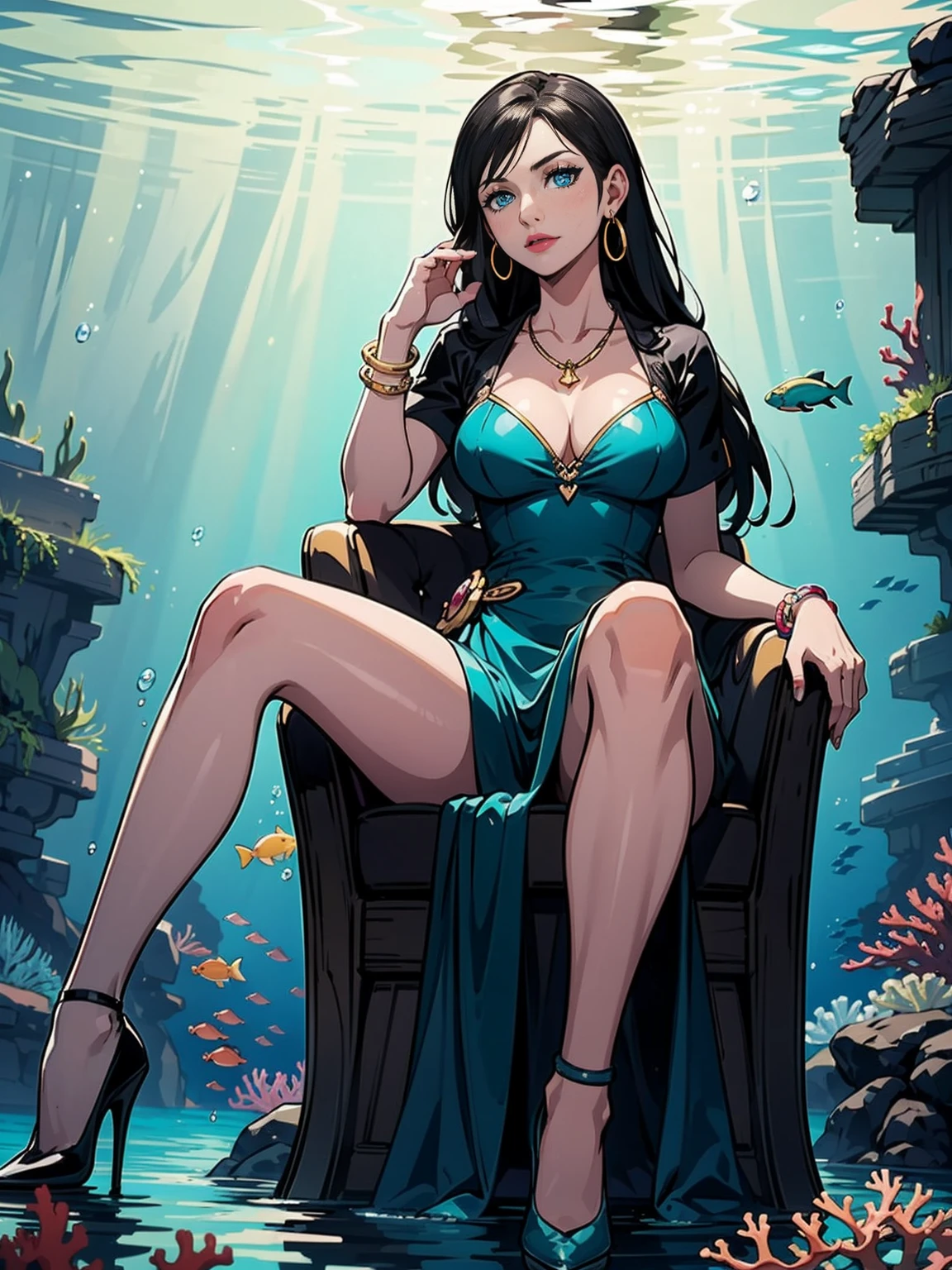 ((1girl, solo ,alone, Nico Robin, robin,nico_robin, long hair, blck hair, blue eyes, gold bracelets, ruby earrings)), ((solo, 1woman, pink lipstick, Extremely detailed, ambient soft lighting, 4k, perfect eyes, a perfect face, perfect lighting, a 1girl)), austere, ((sitting on a throne, ((legs crossed, high heels, underwater, submerged in the ocean, deep sea, sea creatures, aqua)), sitting on her throne under; water, sea queen, mu yanling, Krenz Cushart and Artgerm, ((fish, coral)), shark, turtle, algae)), ((long dress, elegant dress , formal dress, dark green dress, bracelets, ruby earrings, gold necklace, diamond, sovereign))