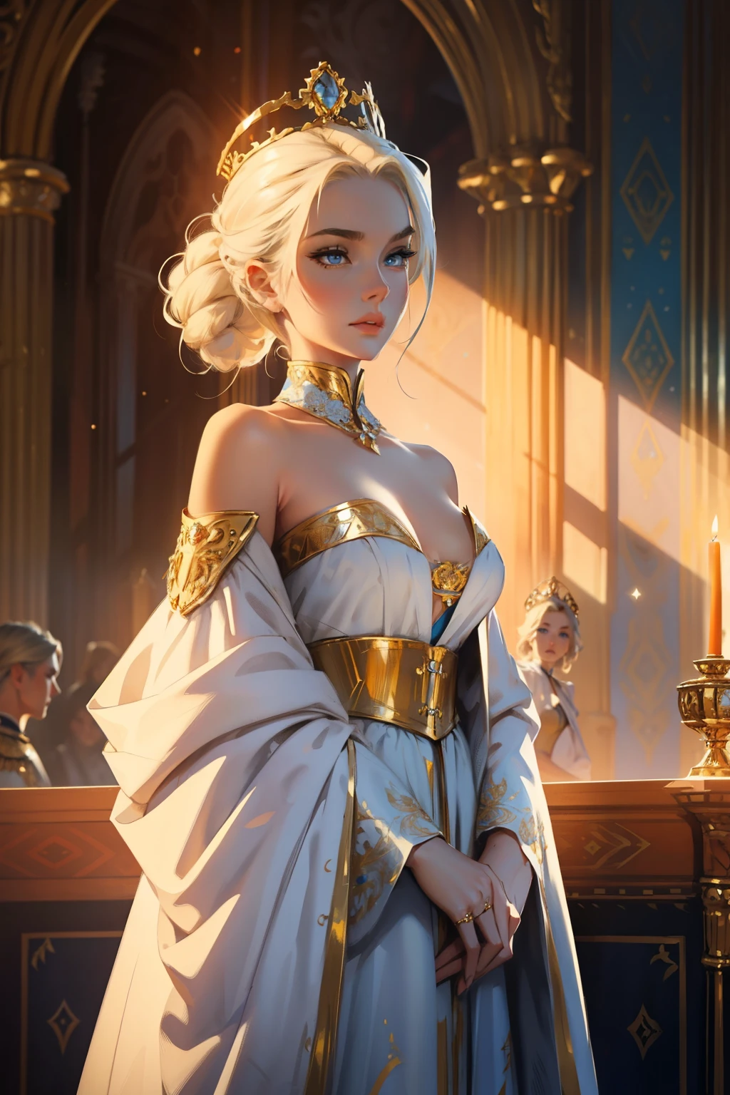 幻想, 19 世纪, 皇后, 女士, 精致的脸庞, 有着淡金色的头发, 梳理头发, 蓝眼睛, 穿着露肩白色皇室礼服, 布料上的金色图案, 肩上披着一条红丝带，上面绣着君主的徽章, 高清
