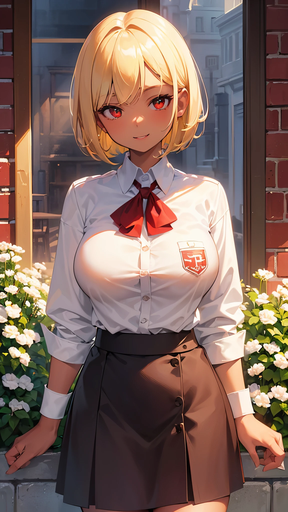 perfect anatomy, masterpiece:1.2, best quality, 8k, beautiful detailed grow, daydreaming expression, ((brown skin)) (solo blonde hair short bob hair sexy girl, cute red eyes, lovely smile, bigboobs), in a school uniform, (shirt tucked in, white collared shirt:1.4), button gap, break, in the enchanted garden.