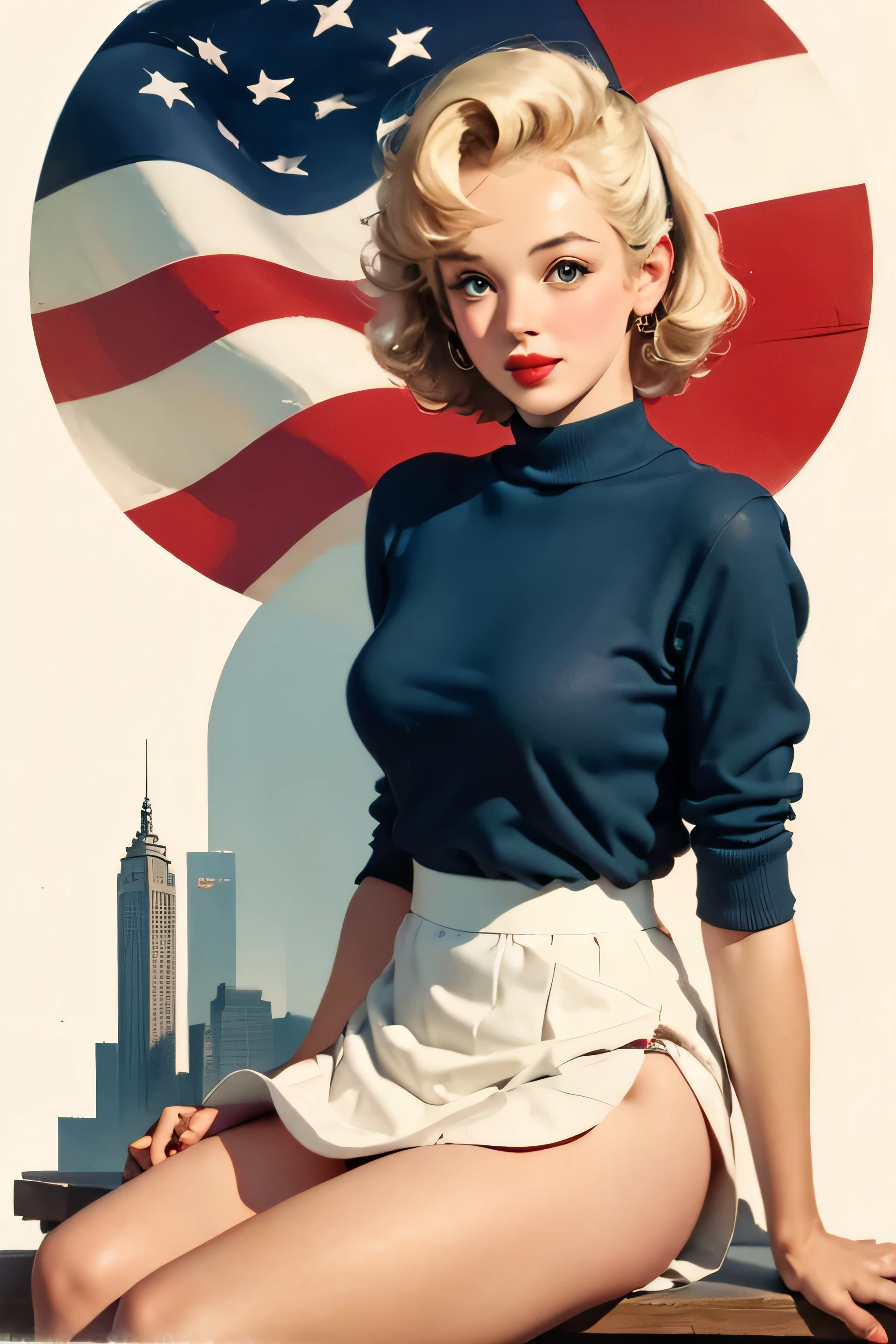 Watercolors in the 1970s, (new york cityscape),pen and ink, 25 year old Marilyn Monroe in retro fashion, pinup style, whole body, depiction of rural life, Light gray, light brown, red, white, And blue, In the style of classic Americana,(white dress）, Playful innocence, white点線, Cutout from white background, in the style of Norman Rockwell, masterpiece art work,(.my skirt flies in the wind),(white panties are visible),