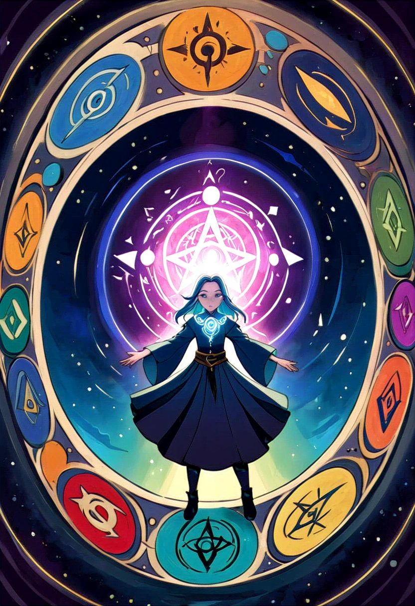 A captivating and enchanting scene of a magic circle illuminating with a kaleidoscope of vivid colors. The circle is encircled by an assortment of mystical symbols and runes, each with their own unique design. At the center of the circle, a wizard or sorceress stands with confidence, their hands outstretched, mastering the elements. The ambiance of the image is filled with a sense of wonder, power, and the unknown.