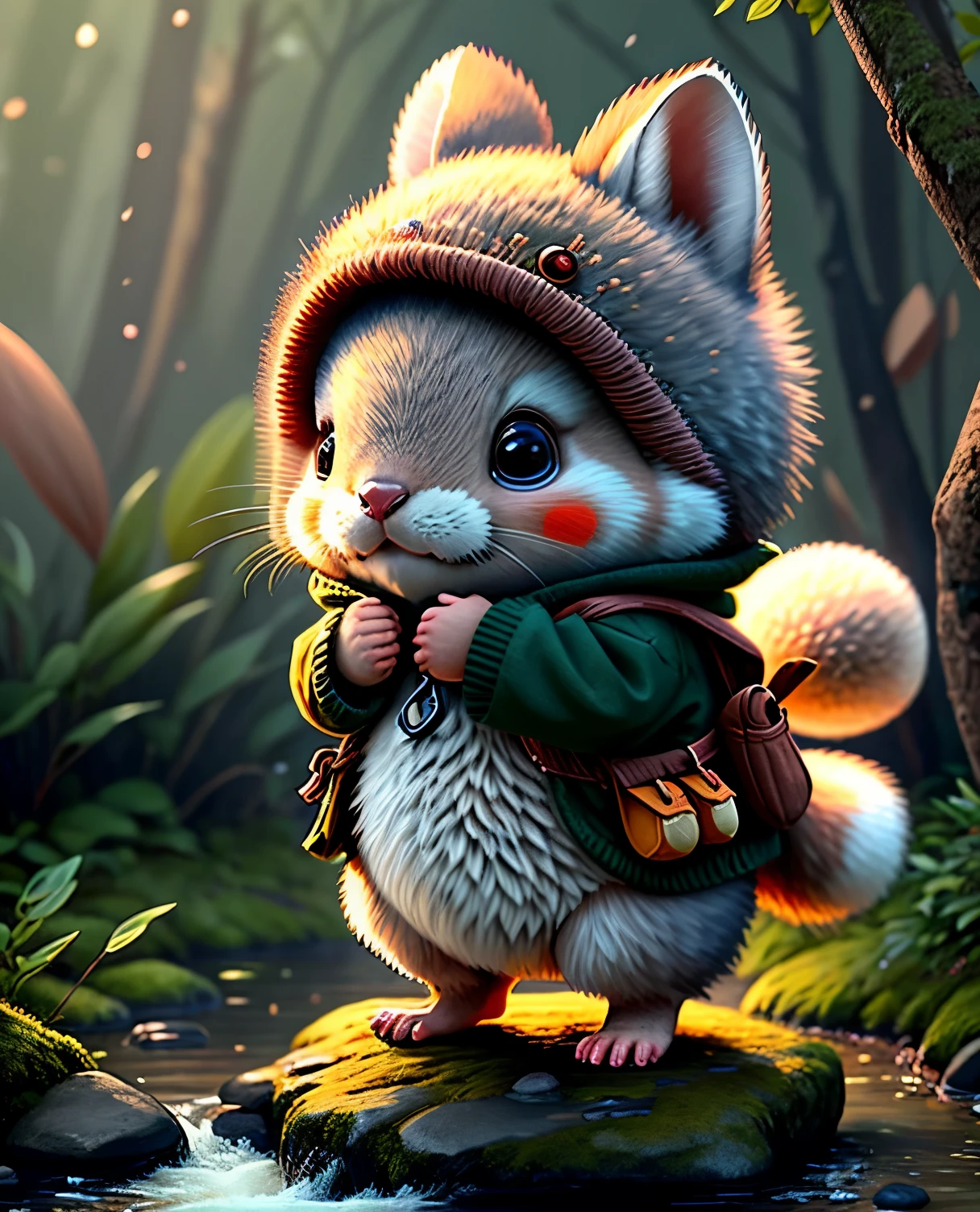 best image quality、"cute生き物たちの傑作を作成しましょう. Wombat、（The place is a forest）, high detail, In 8K、best image quality、dressed as an adventurer、With shuriken in hand、Ninja Hero Costume、(((cute)))、