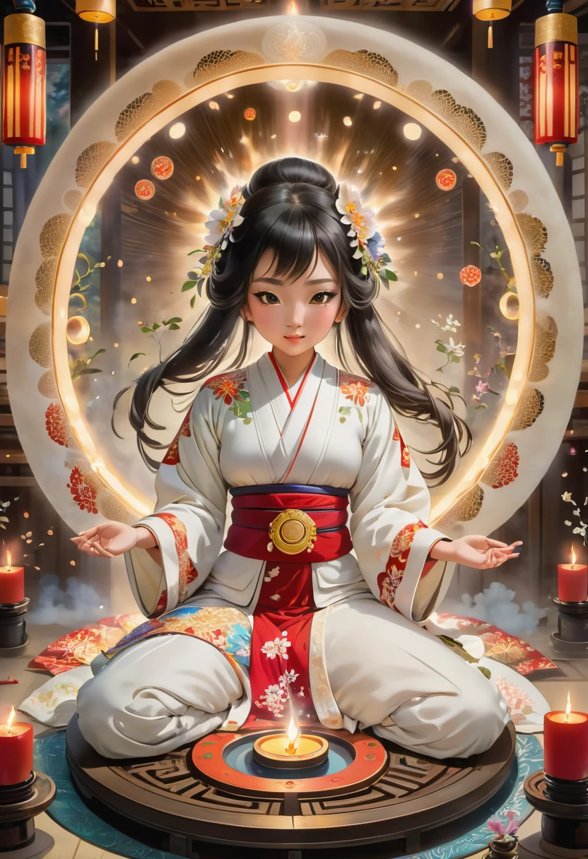 A captivating scene of a massive, intricate magic circle glowing with an ethereal light. The circle is filled with Asian-inspired symbols and patterns, surrounded by candles and incense. A miko, a traditional Japanese Shinto priestess, stands in the center, her hands outstretched and hair adorned with delicate flowers. She is clad in a traditional white kimono with a vibrant red obi, exuding a sense of serenity and power.