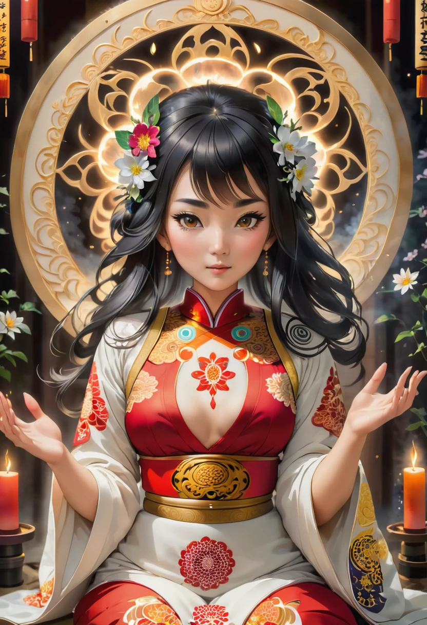 A captivating and mystical scene of a massive, intricate magic circle glowing with an ethereal light. The circle is filled with Asian-inspired symbols and patterns, surrounded by candles and incense. A miko, a traditional Japanese Shinto priestess, stands in the center with her hands outstretched. Her hair is adorned with delicate flowers, and she wears a traditional white kimono with a vibrant red obi. The overall atmosphere of the scene is serene and powerful, with a sense of ancient wisdom and spiritual connection.