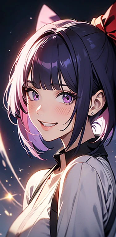 (8K、highest quality、masterpiece:1.2)、Super detailed、super resolution、Realistic、(1girl)  、(purple hair)、short hair。(blunt bangs:1.5),pink eyes、(face focus,upper body),(glowing eyes:1.4),()、(grin:1.3),open mouth、cute face,blush、small breasts,hair ribbon,(simple background),(virgin destroyer sweate)