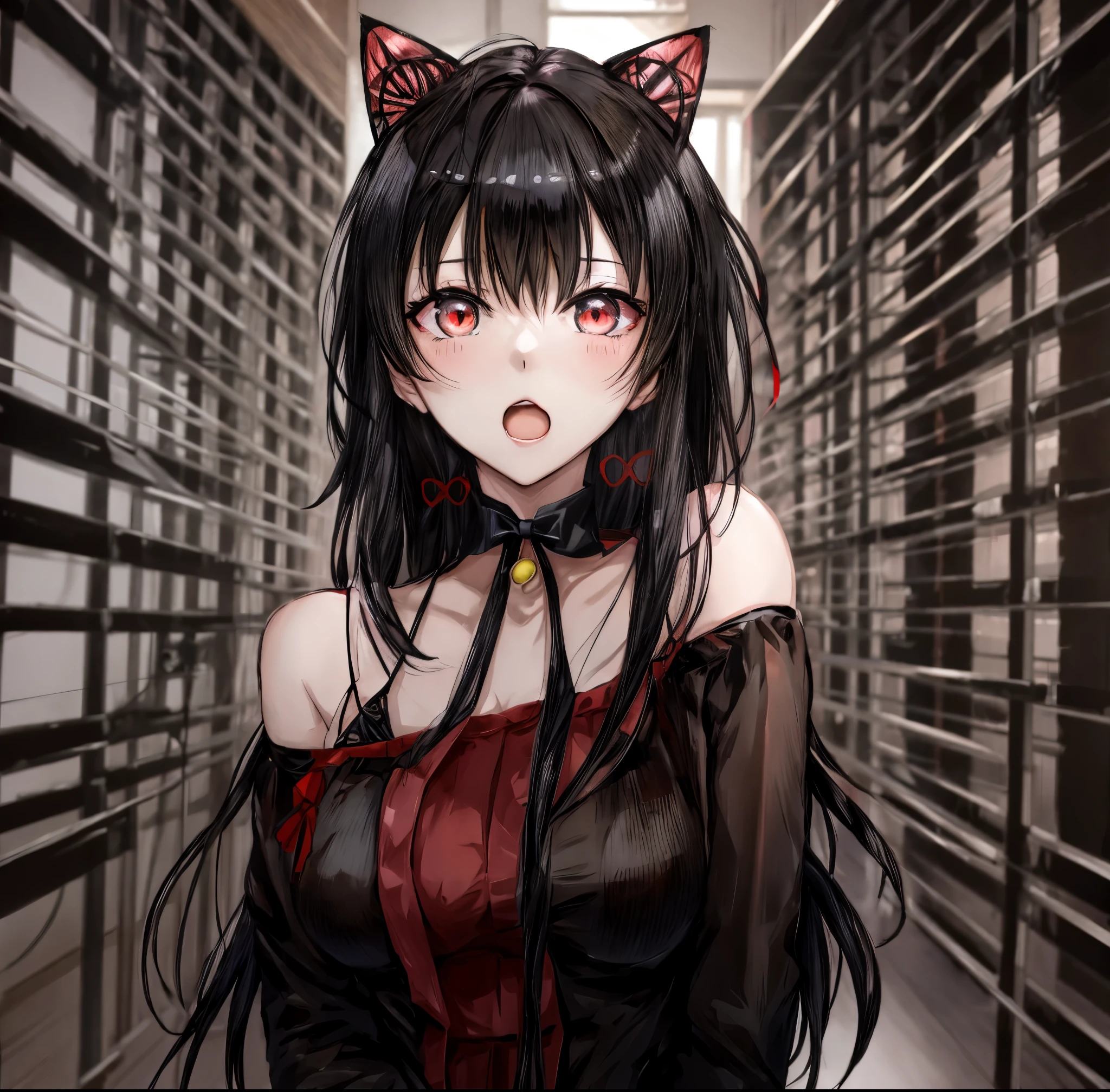 anime girl with black hair and red eyes wearing a red dress, anime girl with cat ears, Rin Tohsaka, beautiful anime catgirl, anime catgirl, cute anime catgirl, cat ears girl, charming cat girl, very beautiful anime cat girl, anime moe art style, an anime girl, anime cat, (anime girl), anime girl, seductive anime girl