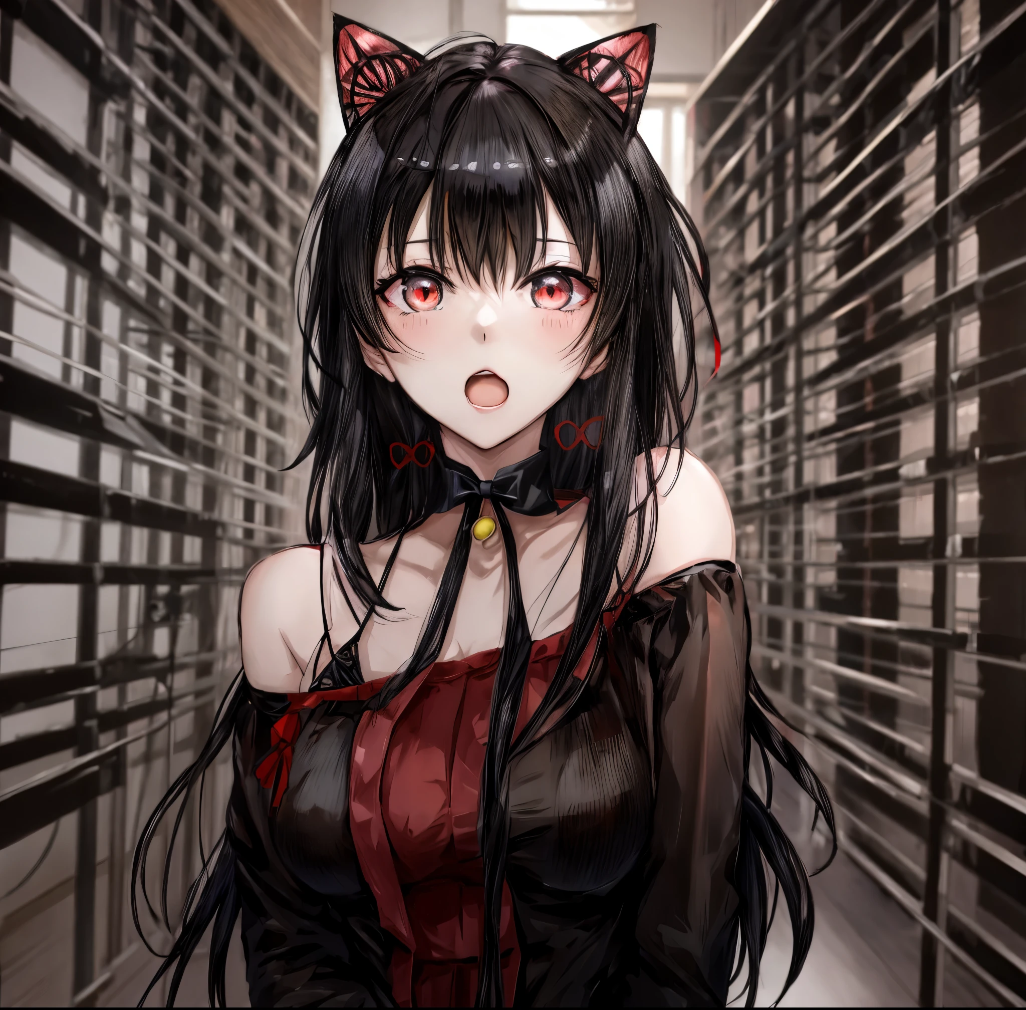 chica anime with black hair and red eyes wearing a red dress, chica anime with cat ears, rin tohsaka, beautiful gato animadogirl, gato animadogirl, cute gato animadogirl, niña con orejas de gato, encantadora chica gato, very beautiful gato animado girl, Estilo de arte anime Moe, an chica anime, gato animado, (chica anime), chica anime, seductive chica anime