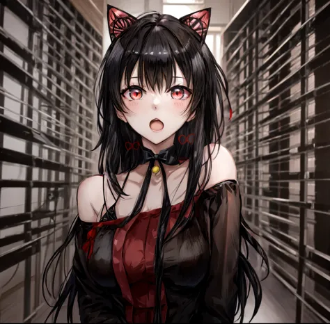 anime girl with black hair and red eyes wearing a red dress, anime girl with cat ears, Rin Tohsaka, beautiful anime catgirl, ani...