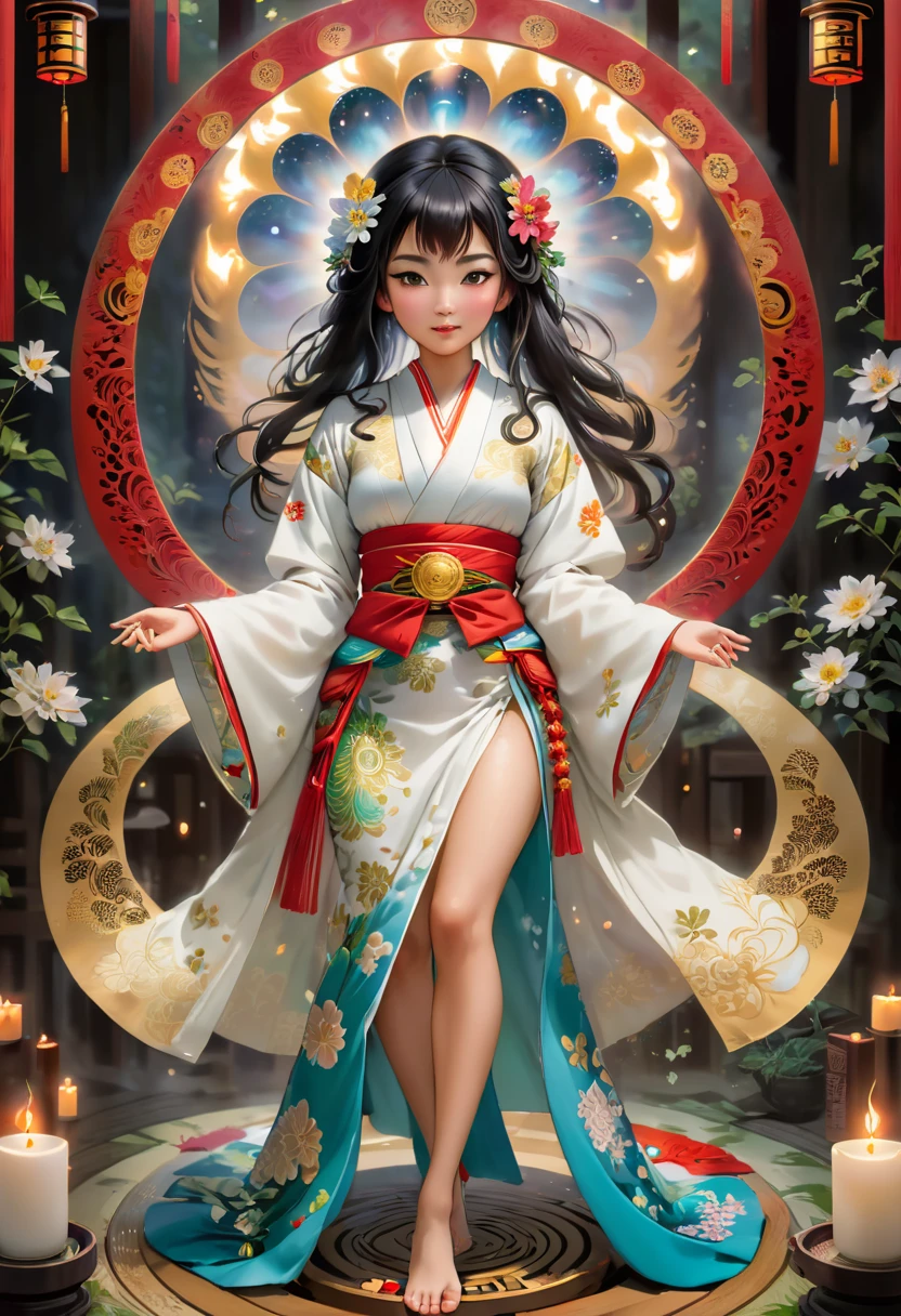 A captivating and mystical scene of a massive, intricate magic circle glowing with an ethereal light. The circle is filled with Asian-inspired symbols and patterns, surrounded by candles and incense. A miko, a traditional Japanese Shinto priestess, stands in the center with her hands outstretched. Her hair is adorned with delicate flowers, and she wears a traditional white kimono with a vibrant red obi. The overall atmosphere of the scene is serene and powerful, with a sense of ancient wisdom and spiritual connection.