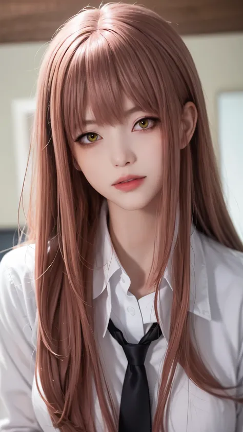 Girl, long soft brown hair, gray eyes, sharp features, white skin, pink lips, school uniform