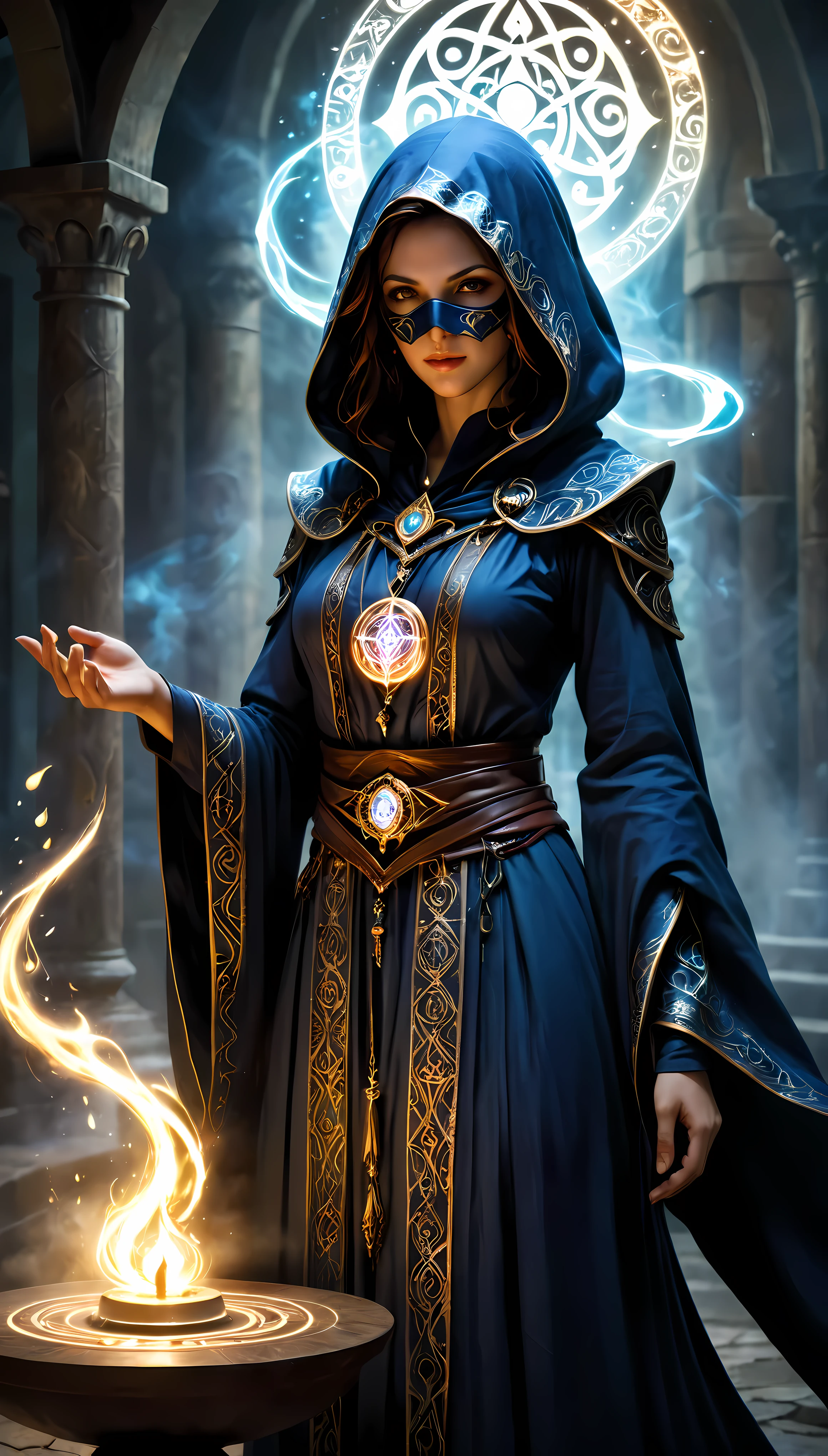 Title: "Veiled Enchantment: Conjuring the Magic Circle with a Masked Mage"

Prompt:

1. Begin by crafting a masked female mage: standing tall and imposing, her features obscured by an ornate mask adorned with intricate designs.

2. Design the mage's attire: flowing robes embellished with symbols and sigils, hinting at her proficiency in the arcane arts.

3. Render the mask with realism and detail, incorporating subtle textures and reflections to convey its craftsmanship and mystique.

4. Position the mage above the magic circle, her stance commanding and poised, as she prepares to unleash her powers upon the world.

5. Create the magic circle with meticulous precision: concentric rings of glowing runes and inscriptions etched into the ground, radiating with ethereal light.

6. Ensure the runes and inscriptions are legible yet cryptic, hinting at ancient languages and forgotten spells.

7. Illuminate the magic circle with a soft, pulsating glow, casting shadows and highlights that dance across the surrounding environment.

8. Integrate the mage's presence into the scene: subtle gestures and movements that indicate her control over the magic being channeled.

9. Consider the interaction between the mage and the magic circle: the intensity of her focus, the flow of energy between them, and the power she commands.

10. Surround the mage with elements of mystery and intrigue: swirling mists, flickering flames, or spectral apparitions that enhance the sense of enchantment.

11. Pay attention to lighting and shadows: position light sources to accentuate the mage's silhouette and the intricate details of the magic circle.

12. Maintain a balance between realism and fantasy, ensuring that the masked mage and her mystical surroundings evoke a sense of wonder and awe.

13. Throughout the process, prioritize attention to detail, composition, and the portrayal of the masked mage's enigmatic presence and mastery of the arcane.