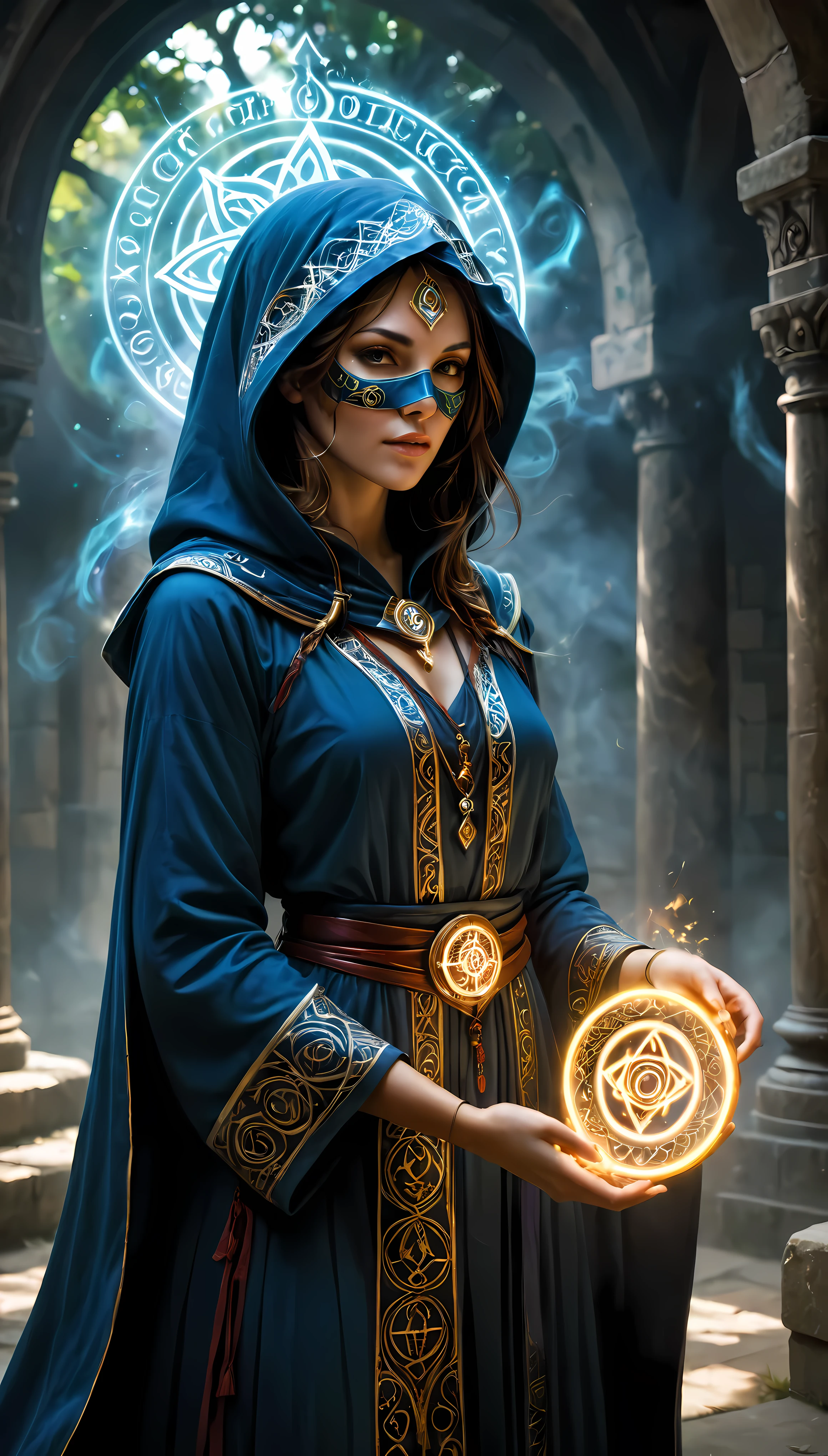 Title: "Veiled Enchantment: Conjuring the Magic Circle with a Masked Mage"

Prompt:

1. Begin by crafting a masked female mage: standing tall and imposing, her features obscured by an ornate mask adorned with intricate designs.

2. Design the mage's attire: flowing robes embellished with symbols and sigils, hinting at her proficiency in the arcane arts.

3. Render the mask with realism and detail, incorporating subtle textures and reflections to convey its craftsmanship and mystique.

4. Position the mage above the magic circle, her stance commanding and poised, as she prepares to unleash her powers upon the world.

5. Create the magic circle with meticulous precision: concentric rings of glowing runes and inscriptions etched into the ground, radiating with ethereal light.

6. Ensure the runes and inscriptions are legible yet cryptic, hinting at ancient languages and forgotten spells.

7. Illuminate the magic circle with a soft, pulsating glow, casting shadows and highlights that dance across the surrounding environment.

8. Integrate the mage's presence into the scene: subtle gestures and movements that indicate her control over the magic being channeled.

9. Consider the interaction between the mage and the magic circle: the intensity of her focus, the flow of energy between them, and the power she commands.

10. Surround the mage with elements of mystery and intrigue: swirling mists, flickering flames, or spectral apparitions that enhance the sense of enchantment.

11. Pay attention to lighting and shadows: position light sources to accentuate the mage's silhouette and the intricate details of the magic circle.

12. Maintain a balance between realism and fantasy, ensuring that the masked mage and her mystical surroundings evoke a sense of wonder and awe.

13. Throughout the process, prioritize attention to detail, composition, and the portrayal of the masked mage's enigmatic presence and mastery of the arcane.