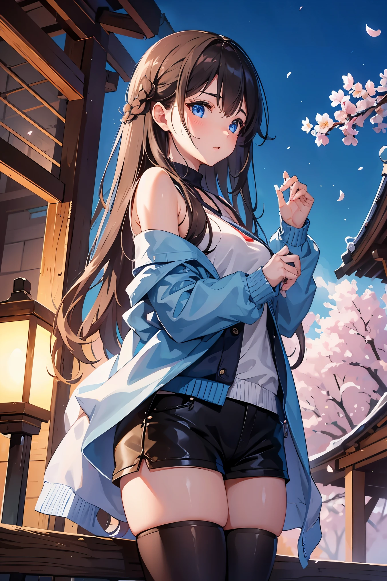 1 female、whole body、bottom angle、brown hair、long hair、well-groomed face、dense lips、Blue eyes、blue cardigan、valley、slim、black shorts、cherry blossoms、cherry blossoms snowstorm、petal、Kyoto、old buildings、night、full moon、masterpiece、ultra high resolution、delicate、perfect lighting、sunlight、16K