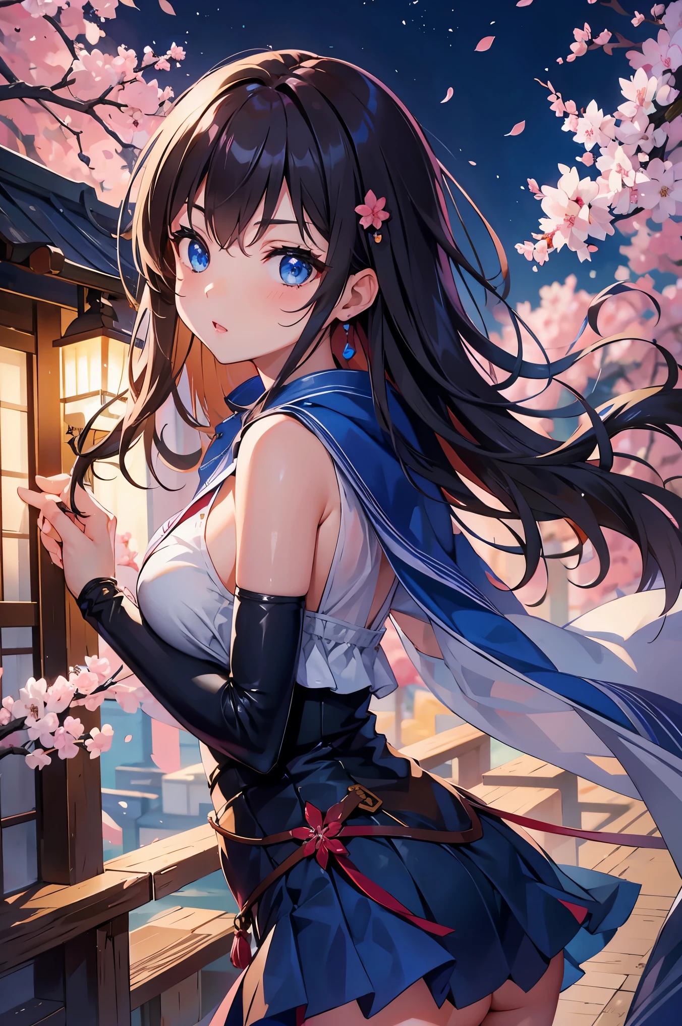 1 female、whole body、bottom angle、brown hair、long hair、well-groomed face、dense lips、Blue eyes、blue one piece、valley、slim、mini skirt、cherry blossoms、cherry blossoms snowstorm、petal、Kyoto、old buildings、night、full moon、masterpiece、ultra high resolution、delicate、perfect lighting、sunlight、16K