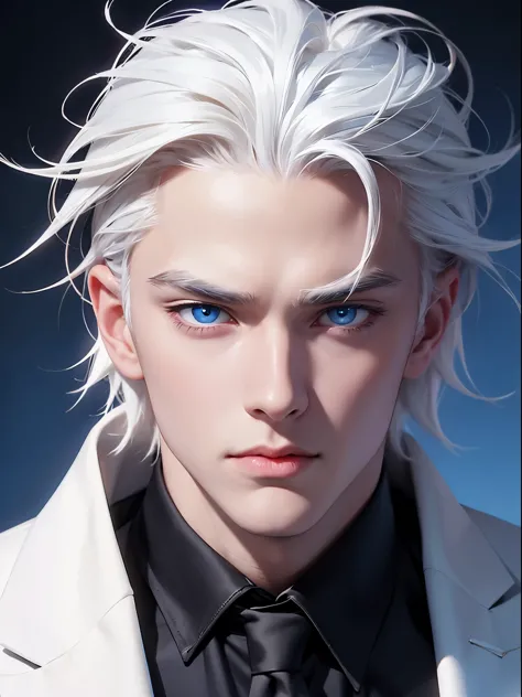 Boy, white hair, blue eyes, sharp, serious features, white skin, formal style