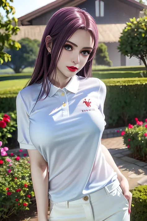 night,1 girl,(white polo shirt:1.4),(casual pants),outdoor activities,  (standing posture),grace,(((red lips))), lips slightly o...