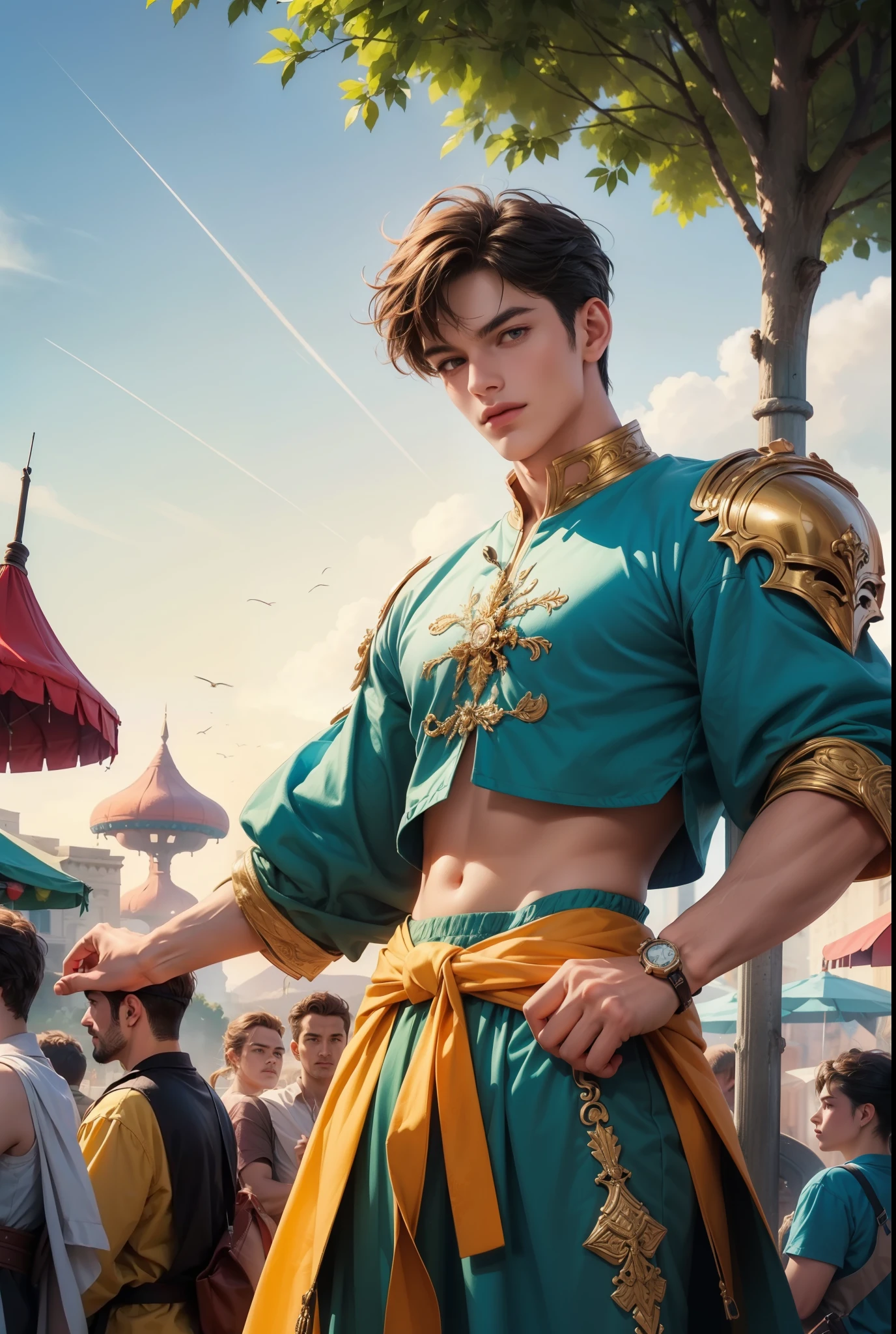 ((Best quality)), ((masterpiece)), (detailed), ((perfect face)), ((halfbody)) perfect proportions , colorful vibe ((perfect face)) detailed scenery background 