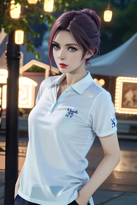 night,moonlight,1 girl,(white polo shirt:1.4),(casual pants),outdoor activities,  (standing posture),grace,(((red lips))), lips ...