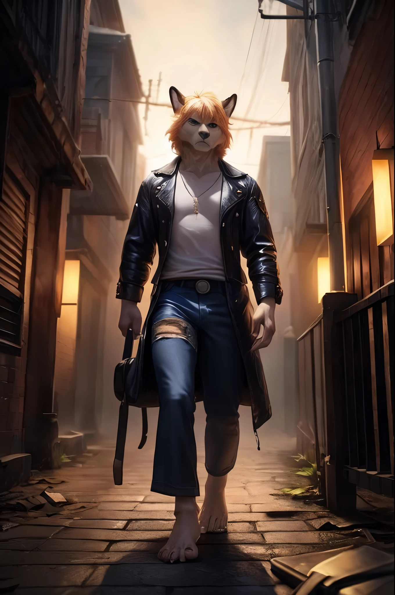 (((Barefoot furry character, full body, cinematic setting, furry male))) Angry, intimidating. BREAK, detailed background, 8K, (masterpiece:1.5), intricate details, highly detailed, extreme detail, octane render, tritone image, fine art, best quality, highres, (detailed face:1.5), ((full_body)), UHD, (((perfect hands)))