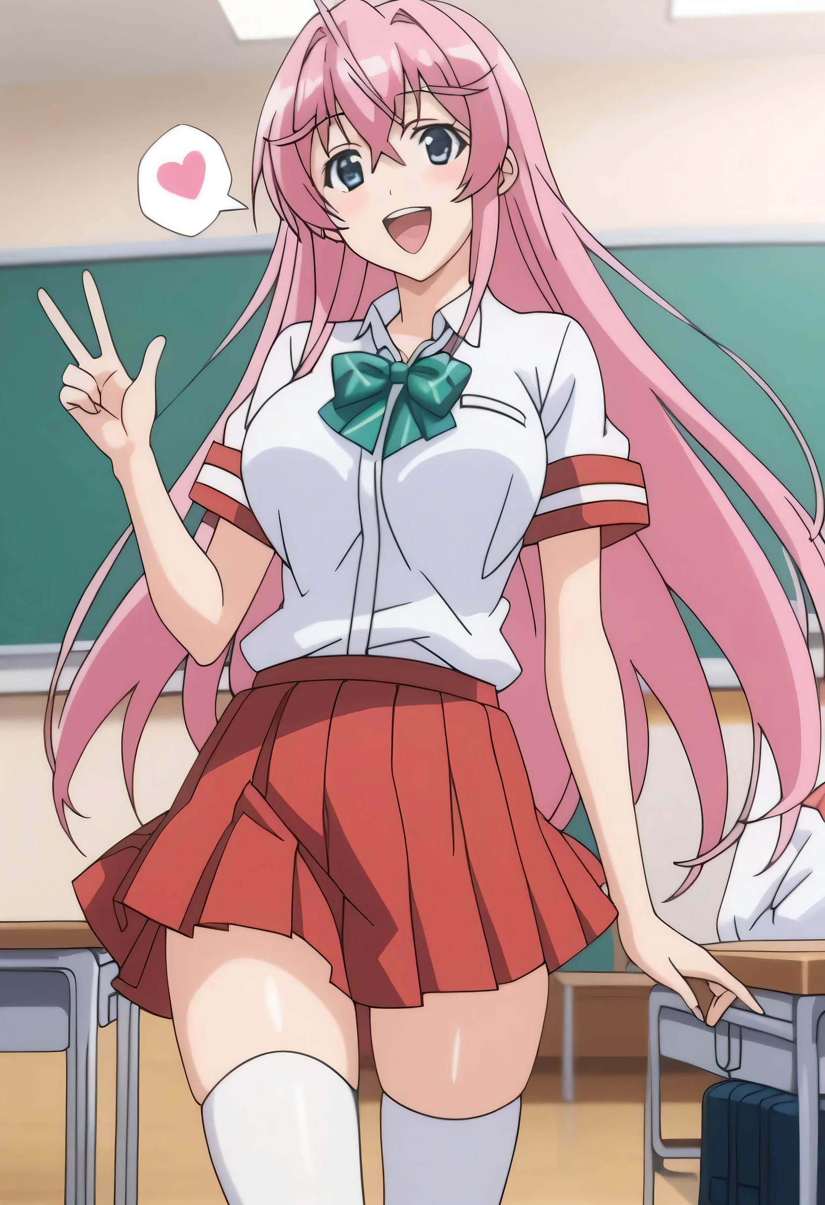 score_9, score_8_up, score_7_up, BREAK source_anime,best quality, masterpiece,anime screencap,source_anime,(ai-generated:0.8),

best quality, very aesthetic,absurdres,

otmn,

1girl,solo,

pink hair,

large breasts,

smile,happy,v,

 white shirt,school uniform,short sleeves, red colored pleated skirt, green colored bowtie, white thighhighs, 

spoken heart, 

standing,waving, 

in school,