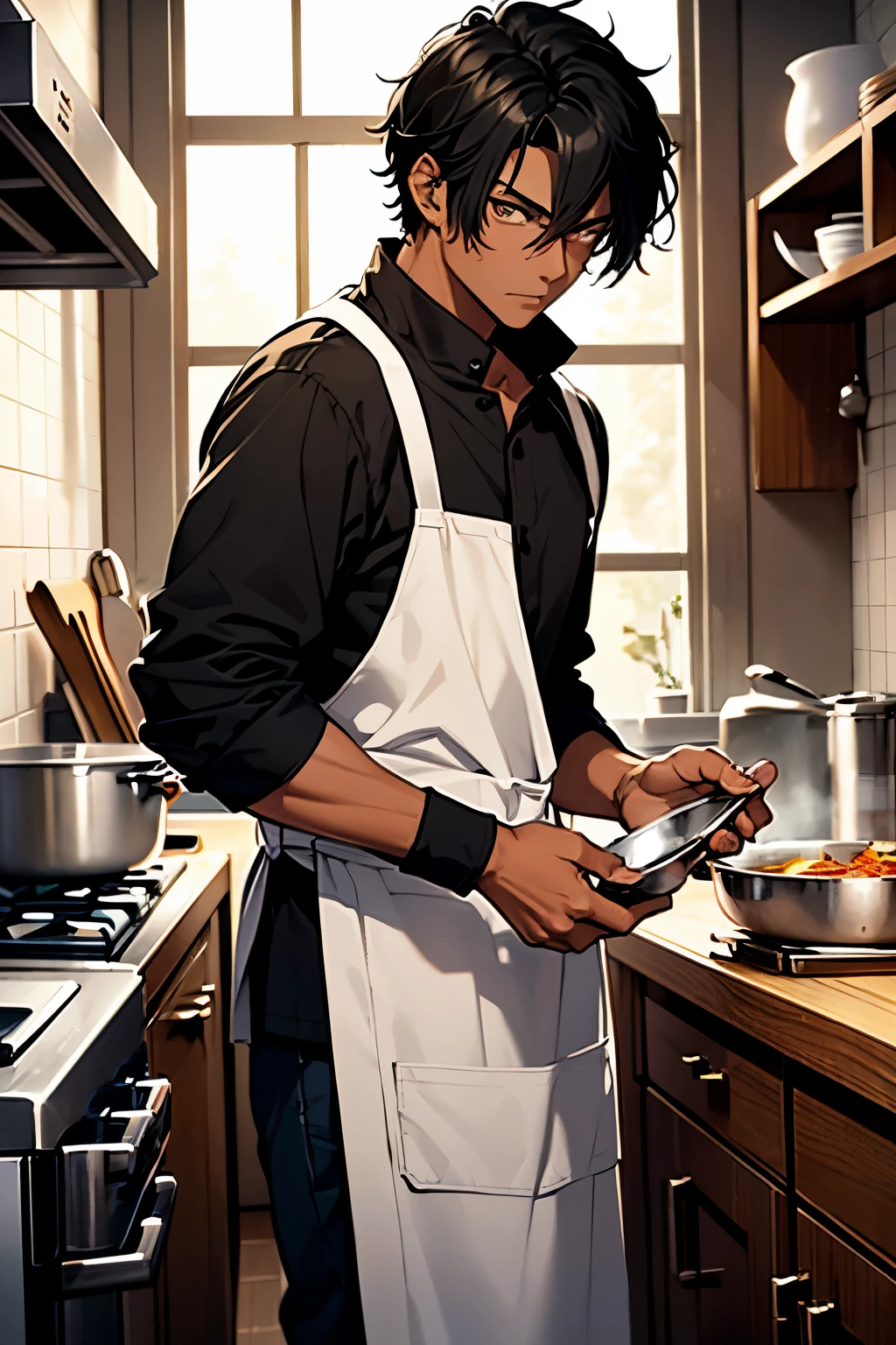 Anime man in apron cooking in a kitchen with a pan - SeaArt AI