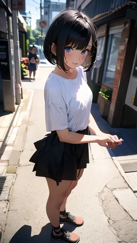 highest quality, masterpiece, woman1名, Are standing, From the side, ((((alone))), whole body, anime, film portrait photography, woman, blue eyes, black hair, short bob hair, wearing a black T-shirt, anime, Moe art style, 8k,