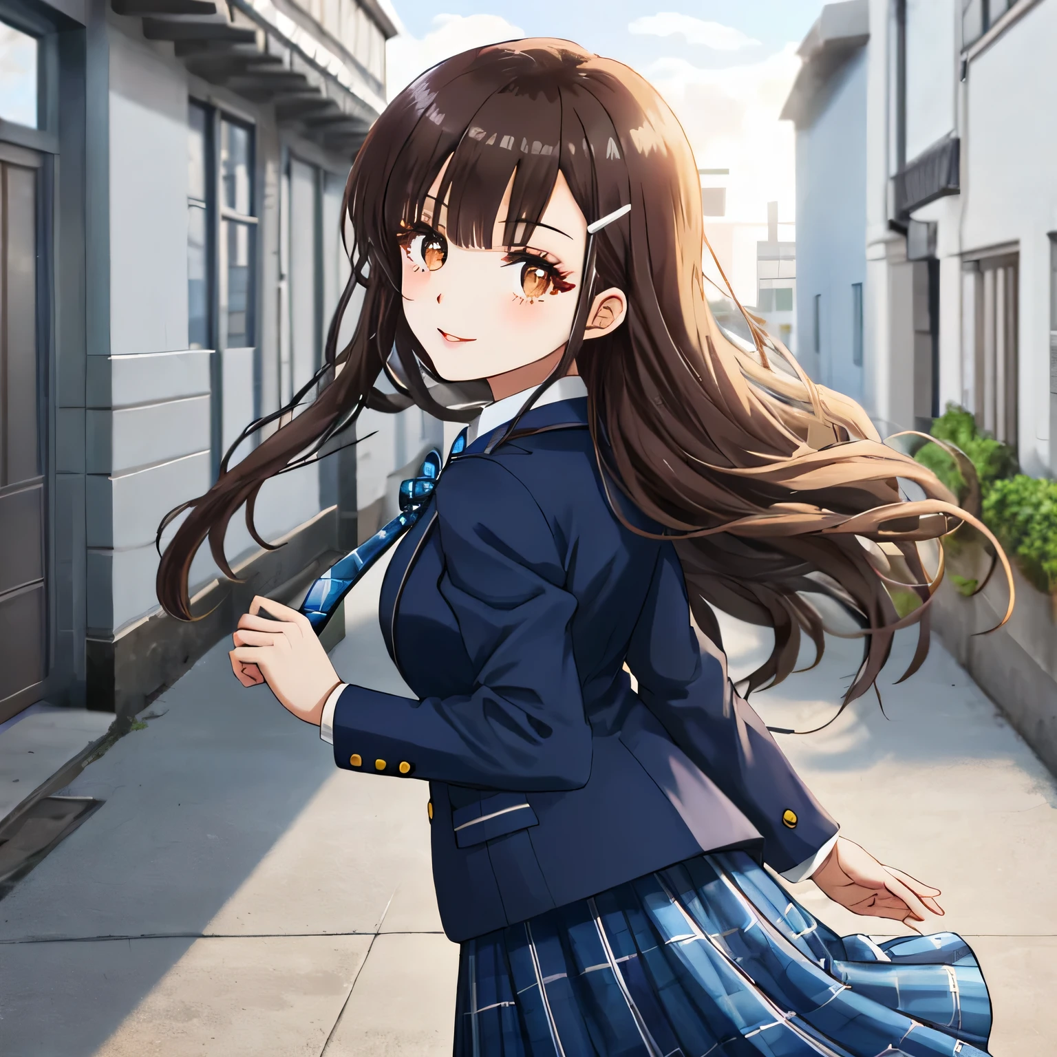 Anime girl in a school uniform walking down a street - SeaArt AI