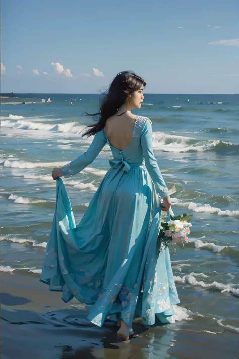 actual, actual, photographic, masterpiece, best quality, super detailed,1 girl, water, flowers,
blue theme, skirt, moon, standin...