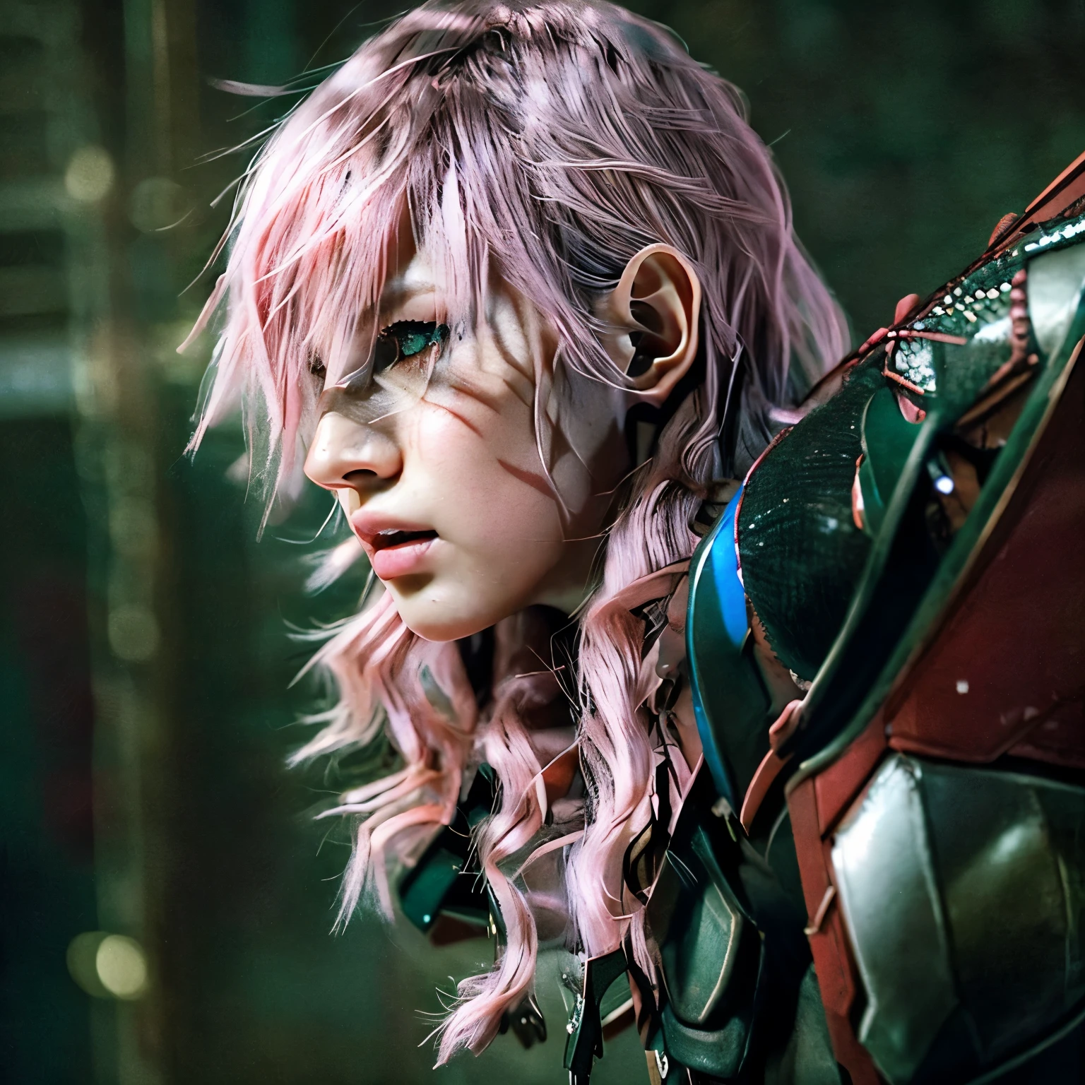 
Masterpiece, Best Quality, 1girls, profile, FINAL FANTASY, lightning, long bangs, hair color dark pink, mesh Red-purple, pink lips, slightly upturned nose, long eyelashes, realistic skin texture, gallant face,  sad look, wilderness background, adventurer's clothes,