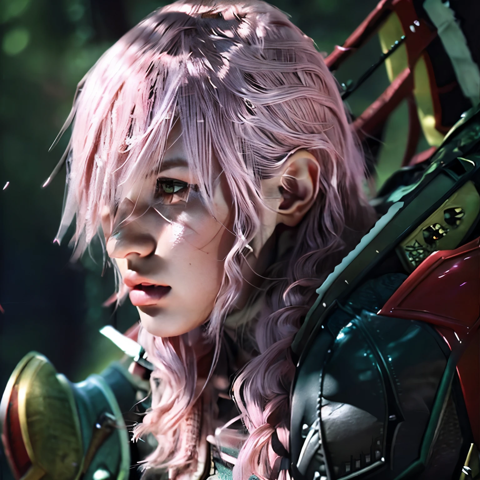 
Masterpiece, Best Quality, 1girls, profile, FINAL FANTASY, lightning, long bangs, hair color dark pink, mesh Red-purple, pink lips, slightly upturned nose, long eyelashes, realistic skin texture, gallant face,  sad look, wilderness background, adventurer's clothes,