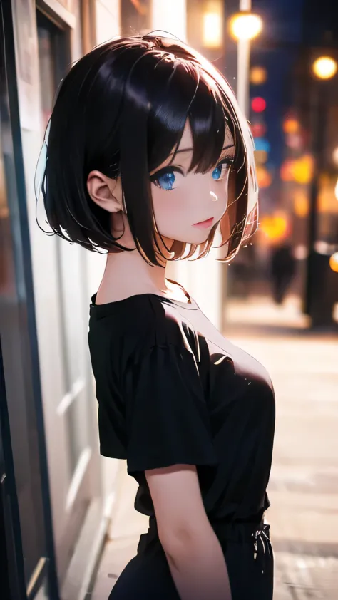 highest quality, masterpiece, night, woman1名, Are standing, From the side, ((((alone))), whole body, anime, film portrait photography, woman, blue eyes, black hair, short bob hair, wearing a black T-shirt, anime, Moe art style, 8k,